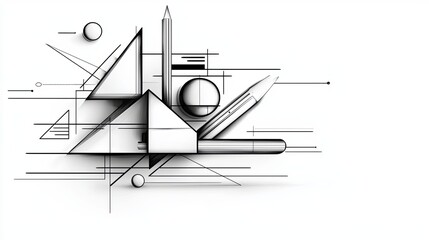 Drawings geometric doodle concept, A minimalist black-and-white composition featuring geometric shapes, lines, and art tools, reflecting creativity and design.