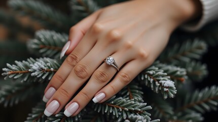 Fototapeta premium Sparkle of Winter: A diamond ring adorns a hand, nestled amongst frosted pine branches. A symbol of festive elegance.