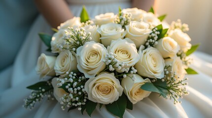 Elegant ivory rose bouquet, delicately arranged with baby's breath, bathed in soft sunlight.  A symbol of love and commitment.