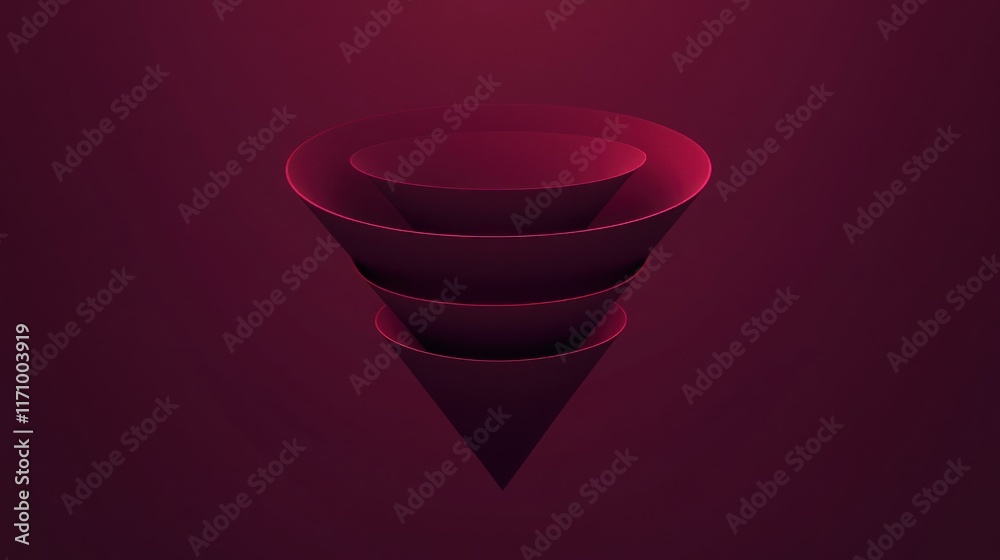 Poster Abstract 3D rendering of layered dark red cones, creating a funnel or vortex effect against a dark maroon background.