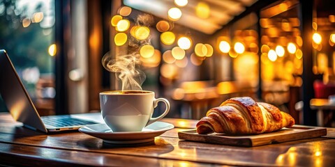 Bokeh-blurred cafe: laptop, coffee, croissant; perfect warm, productive background.
