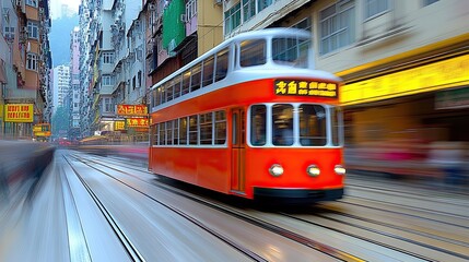 Naklejka premium A red and white tram speeds through the narrow streets of a bustling city, blurring the background.