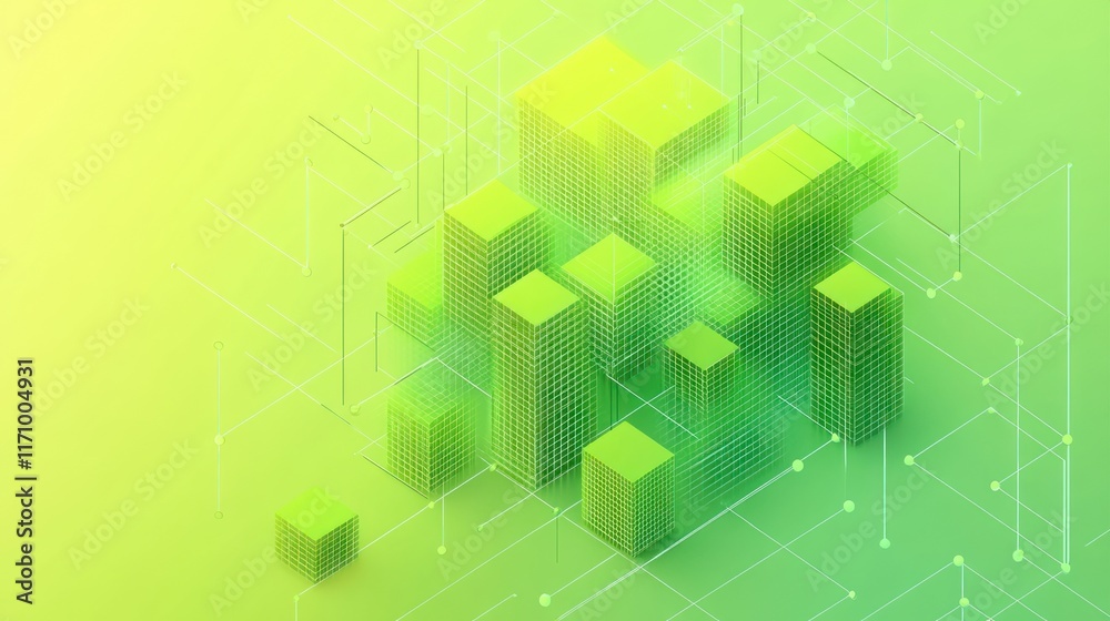 Poster Abstract 3D rendering of interconnected green cubes, representing a network or system.