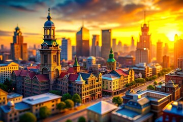 Obraz premium Miniature Cityscape: Tilt-Shift Photography of Urban Architecture at Sunset