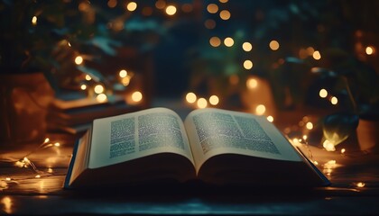 Magic book with open antique pages, glowing abstract bokeh lights in dark background, mystical atmosphere, literature and education concept, enchanting ambiance