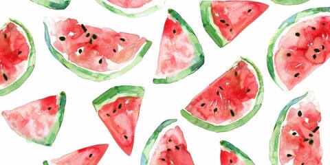 A vibrant watercolor illustration of watermelon slices scattered across a white background.
