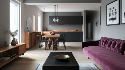 Fototapeta premium A modern Scandinavian loft with light gray walls, a magenta velvet sofa, and a sleek black coffee table. 