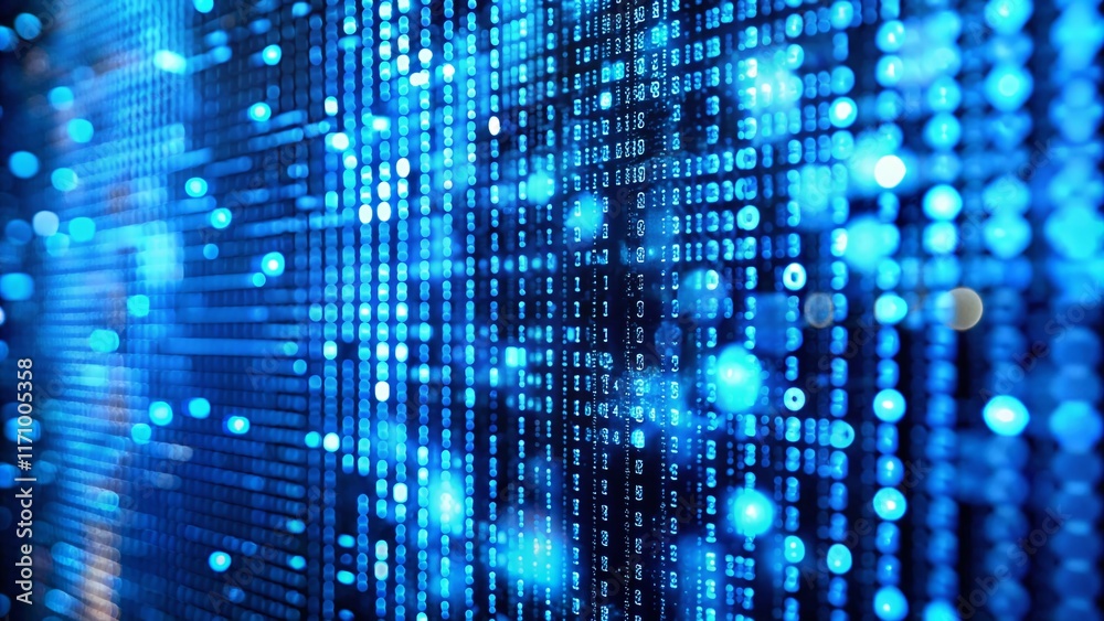 Poster miniature digital world: tilt-shift blue binary code on computer screen