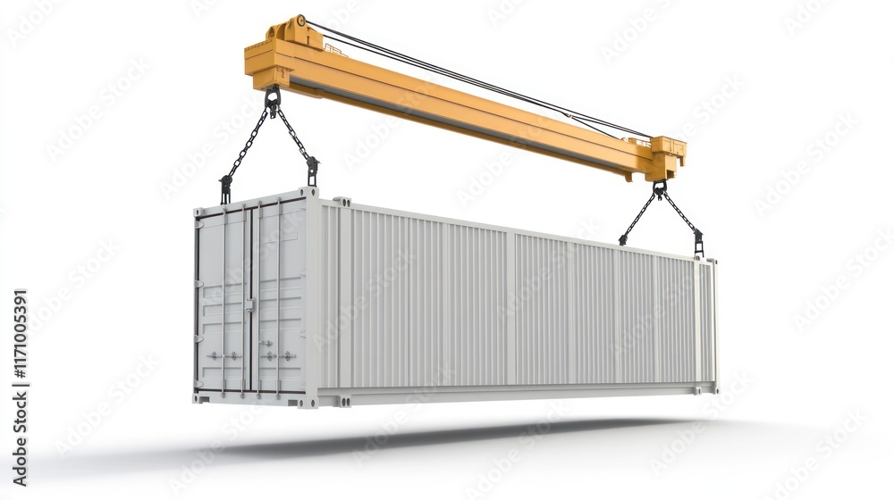 Poster a large cargo container is lifted by a crane.