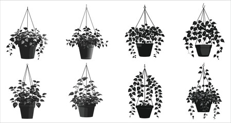 Indoor decorative hanging plants silhouettes, Beautiful black silhouettes of hanging plants, Abstract indoor hanging plant vector icons, Set of hanging plant silhouettes for home decoration