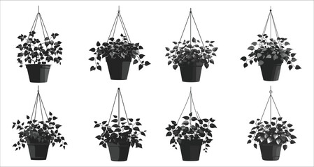 Indoor decorative hanging plants silhouettes, Beautiful black silhouettes of hanging plants, Abstract indoor hanging plant vector icons, Set of hanging plant silhouettes for home decoration