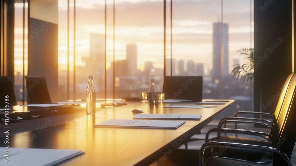 Aufkleber Sunrise view from modern office conference room with empty chairs and documents on table.