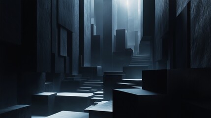 Obraz premium An abstract scene of towering dark walls and intricate geometric steps, lit by a subtle, diffused glow. The modern design features high contrast and minimalistic elegance.