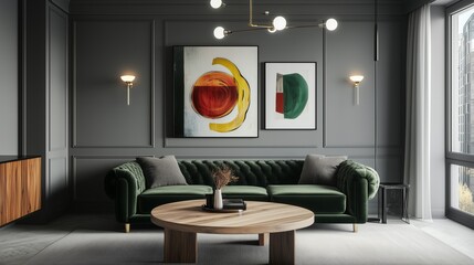 A stylish city apartment with grey walls, featuring a deep green velvet sofa, a round wooden coffee table, and abstract art pieces. The room is complemented by modern light fixtures and  windows.