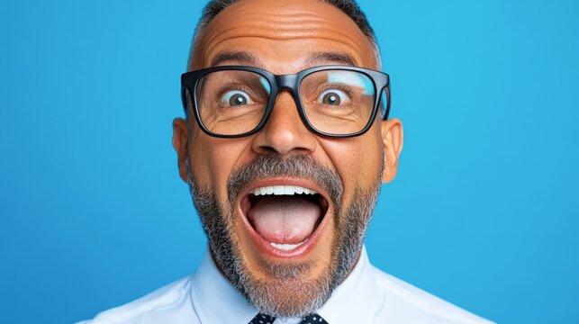A middle-aged man with glasses expresses pure joy and excitement against a vibrant blue background, Ideal for use in marketing campaigns, motivational content, or illustrating positivity,