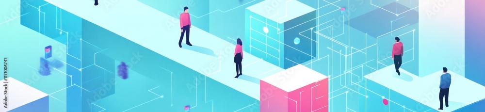 Aufkleber Isometric illustration of people navigating a complex network of interconnected pathways and data cubes.