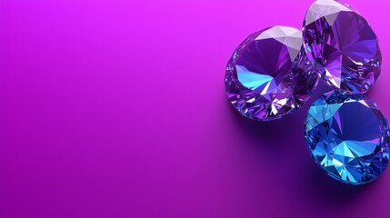 Bright amethyst purple and sapphire blue jewel tones in a 3D rendering on a high-contrast purple background. The centered negative space enhances the vibrancy and depth of the colors.