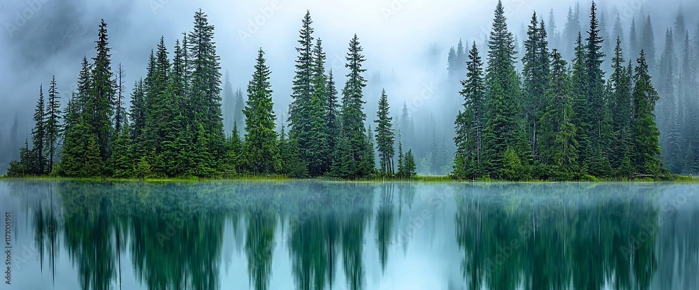 Poster Misty morning, serene lake reflecting evergreen trees.