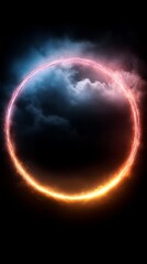 A circle of fire in the middle of a dark sky