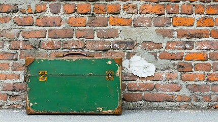 Used worn classic concept, A vintage green suitcase rests against a textured brick wall, evoking nostalgia and a sense of travel.