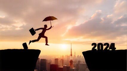 Silhouette Figure Leaping with Umbrella and Briefcase &ndash; Dynamic Business Concept Illustration