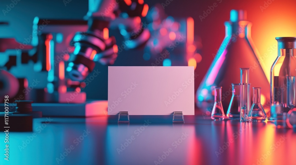 Leinwandbilder blank card in a vibrant laboratory setting with microscope and glassware.