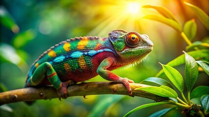 Fototapeta premium Miniature Panther Chameleon on Branch, Vibrant Green Scales, Tilt-Shift Photography