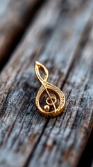 A gold treble clef on a wooden surface