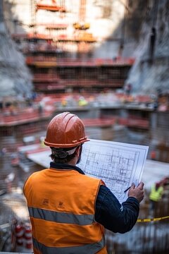 Construction Supervisior Reviews Blueprints, Overseeing Building Progress at Busy Job Site