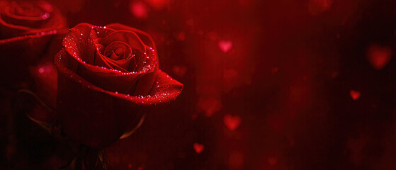 Banner web de hermosas rosas rojas con gotas de rocío simbolizan el amor y el romance en el día de San Valentín con un fondo bokeh