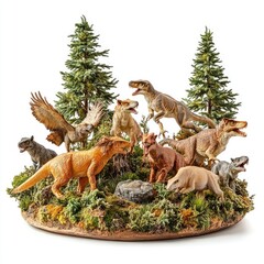 A colorful diorama featuring various dinosaur figures among trees and foliage.