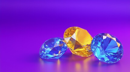 Fototapeta premium Brilliant citrine yellow and sapphire blue jewel tones on a high-contrast purple background with centered negative space. The 3D rendering captures the vivid, radiant quality of the colors.