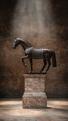 Secondhand shop, antique & vintage concept. Bronze horse statue on a pedestal illuminated by soft light.
