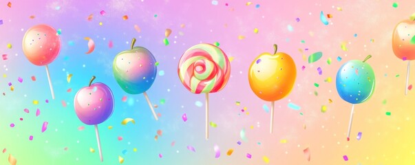 Colorful candy apples and lollipop on pastel background with confetti.