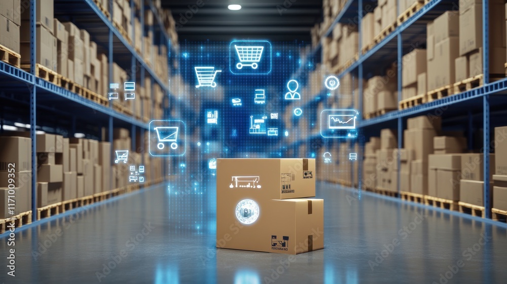 Poster cardboard boxes in a warehouse with digital icons illustrating e-commerce and logistics.