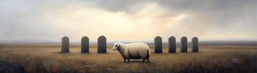 A solitary sheep grazes in a tranquil landscape with ancient markers in the background, creating a serene and contemplative scene, Ideal for themes of nature, rural life, or historical context,