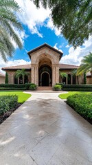 A walkway leads to a large house with a large front door