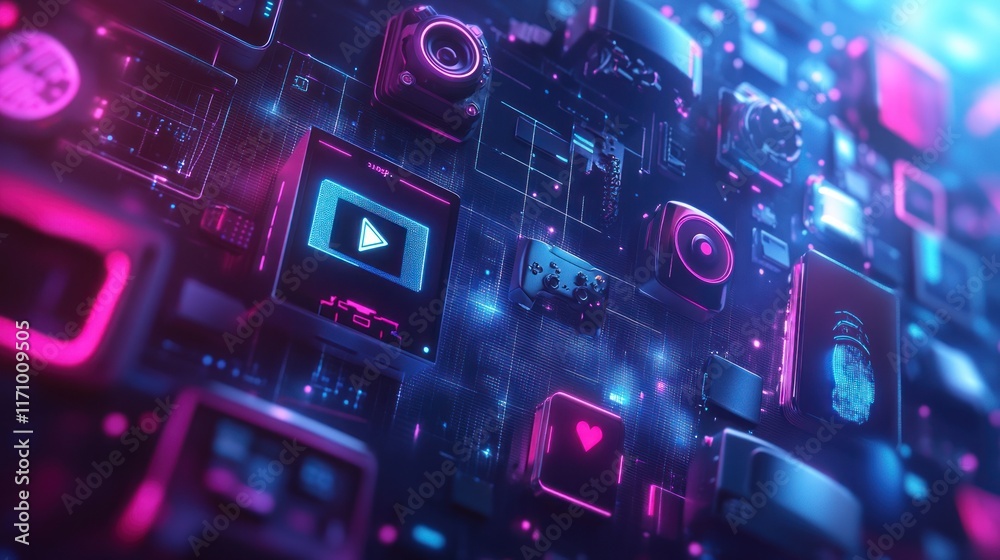 Poster abstract digital media network, glowing icons and circuit board.