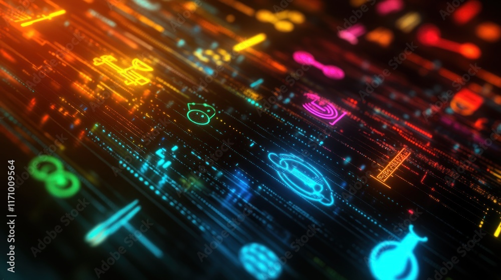 Aufkleber Abstract digital stream of colorful icons, representing data flow and digital transformation.