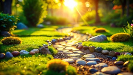 Naklejka premium Miniature Stone Pathway in Lush Green Grass - Tilt-Shift Photography