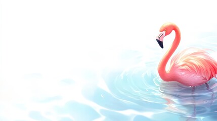 Fototapeta premium A serene pink flamingo stands gracefully in calm waters, showcasing its vibrant feathers against a soft, light background, Ideal for nature-themed projects, presentations