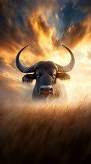 Naklejka premium A bull with large horns standing in a field of tall grass