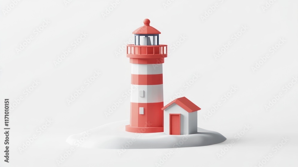 Poster low-poly 3d render of a lighthouse and small house on a white background.