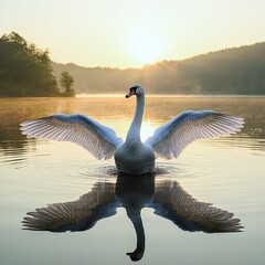 the swan spread its wings on the lake