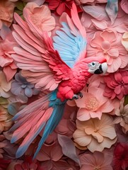 Fototapeta premium A vibrant parrot with colorful feathers is gracefully posed against a backdrop of pink and pastel flowers, This image is ideal for nature-themed projects, decorations, or promotional materials,