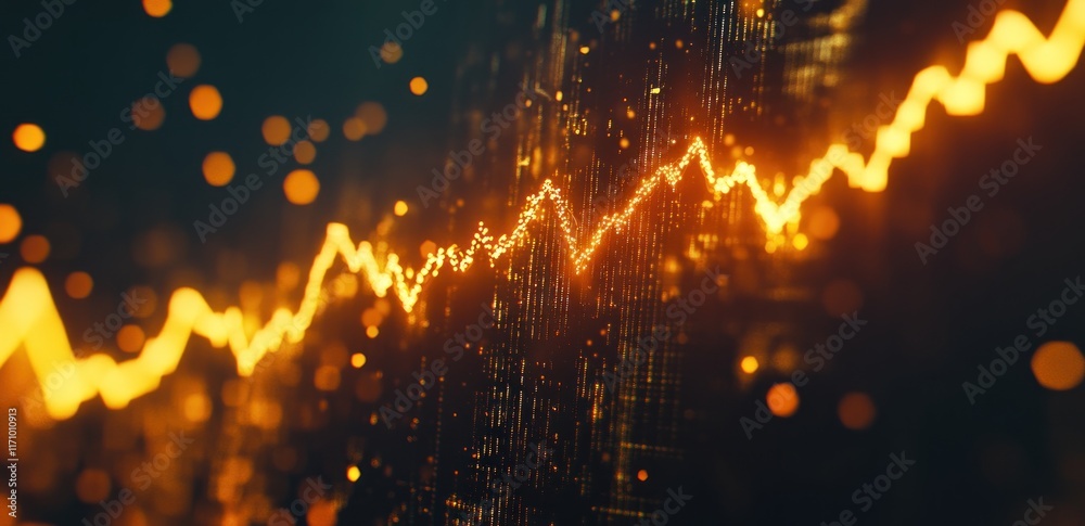 Poster abstract glowing orange line graph on dark background.