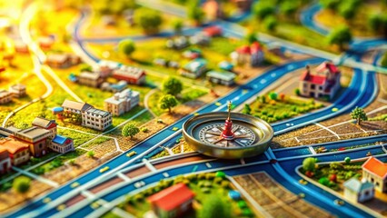 Obraz premium Miniaturish Navigation & Location Line Icons: Tilt-Shift Map, Route, GPS, Direction