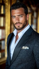 Fototapeta premium A man in a tuxedo standing in front of a bookcase