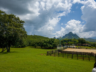 A beautiful view of the side face of the Morros de San Juan de los Morros, in Guárico, Venezuela, with a stunning backdrop of a clear day featuring a blue sky filled with clouds.