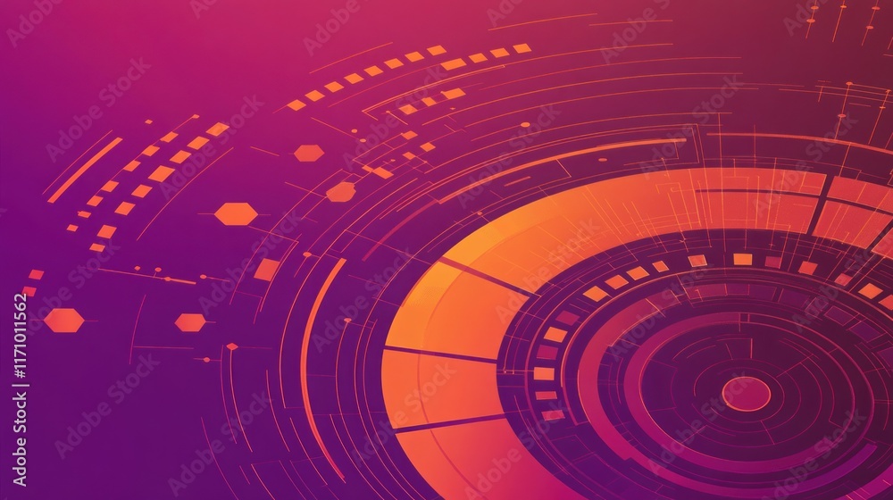 Aufkleber Abstract technology background with vibrant orange and purple concentric circles and geometric shapes.